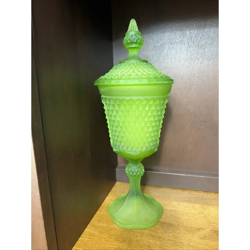 Indiana Glass Candy Dish Covered 16 Inch Diamond Point Celery Lime Green VTG